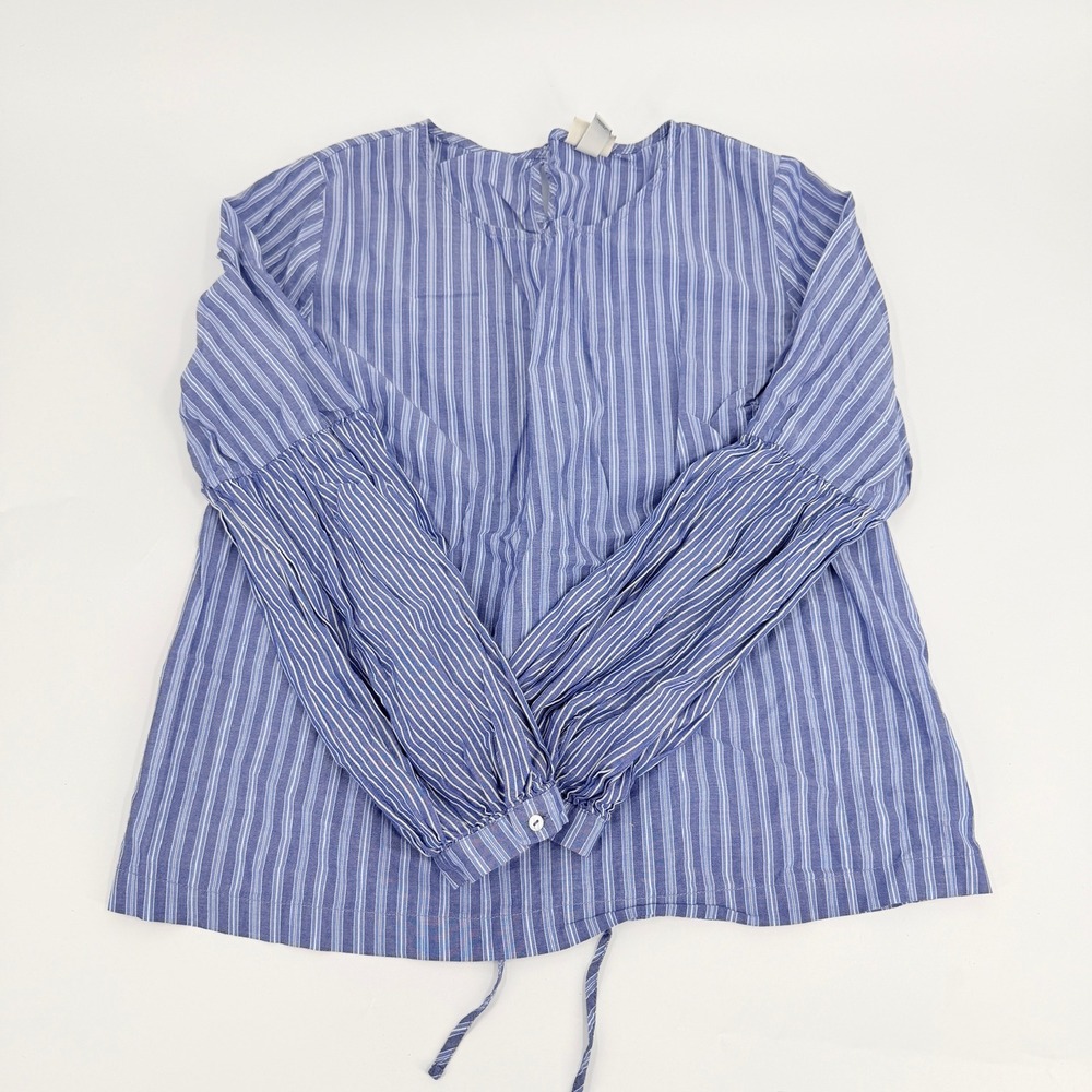 A New Day Blouse Striped Balloon Sleeve Modern Womens Size Large Blue White Top